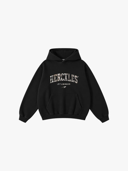 HERCXLES: Lifting Club Vintage Oversized Hoodie - Black Beauty front flat lay with camo Lifting Club print