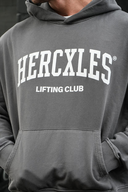 HERCXLES Lifting Club Vintage Wash Boxy Hoodie - Dark Grey chest artwork detail