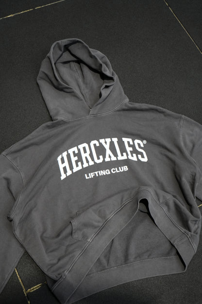 HERCXLES Lifting Club Vintage Wash Boxy Hoodie - Dark Grey gym flat detail