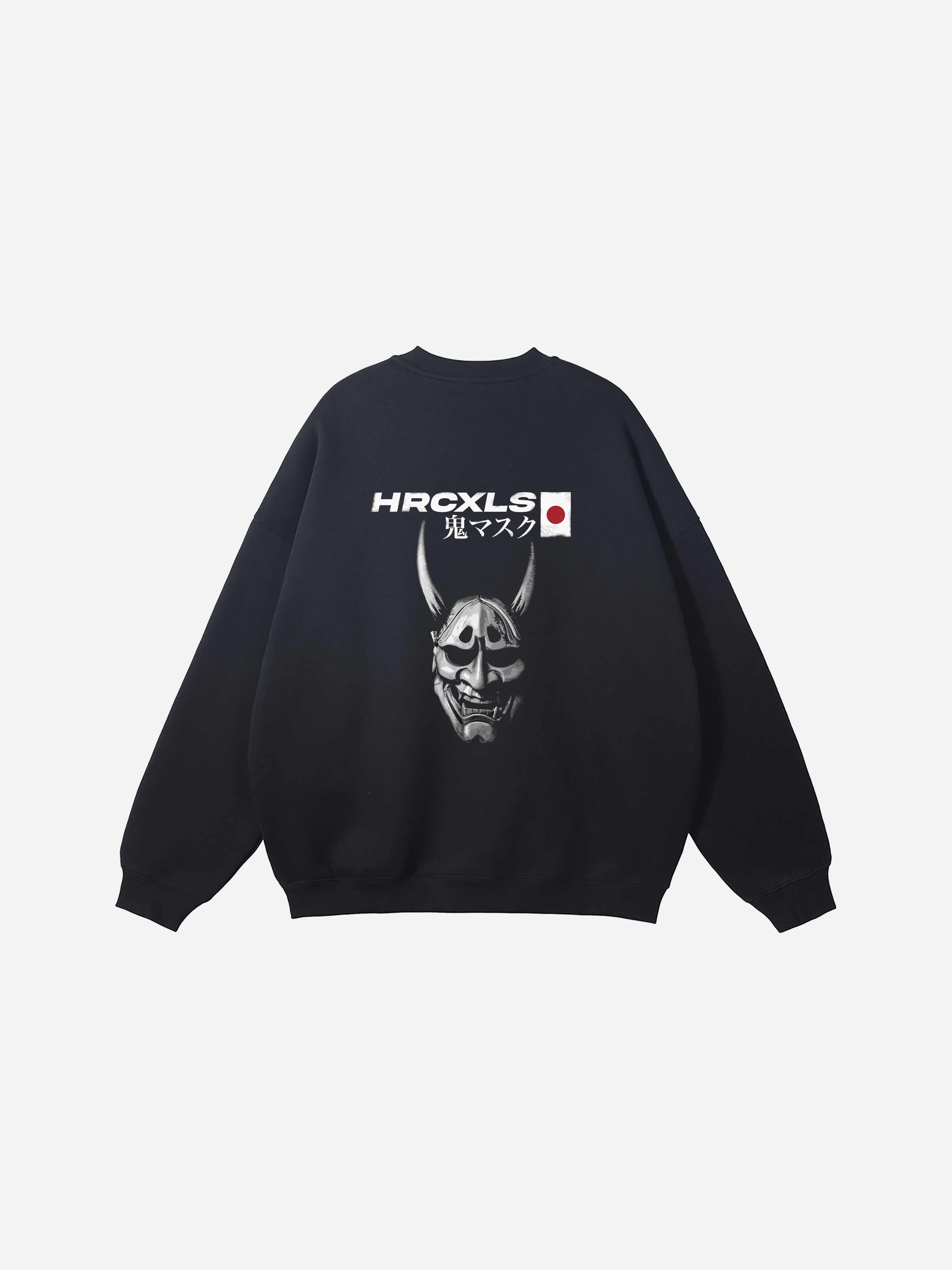 black oversized sweatshirt with anime oni mask print