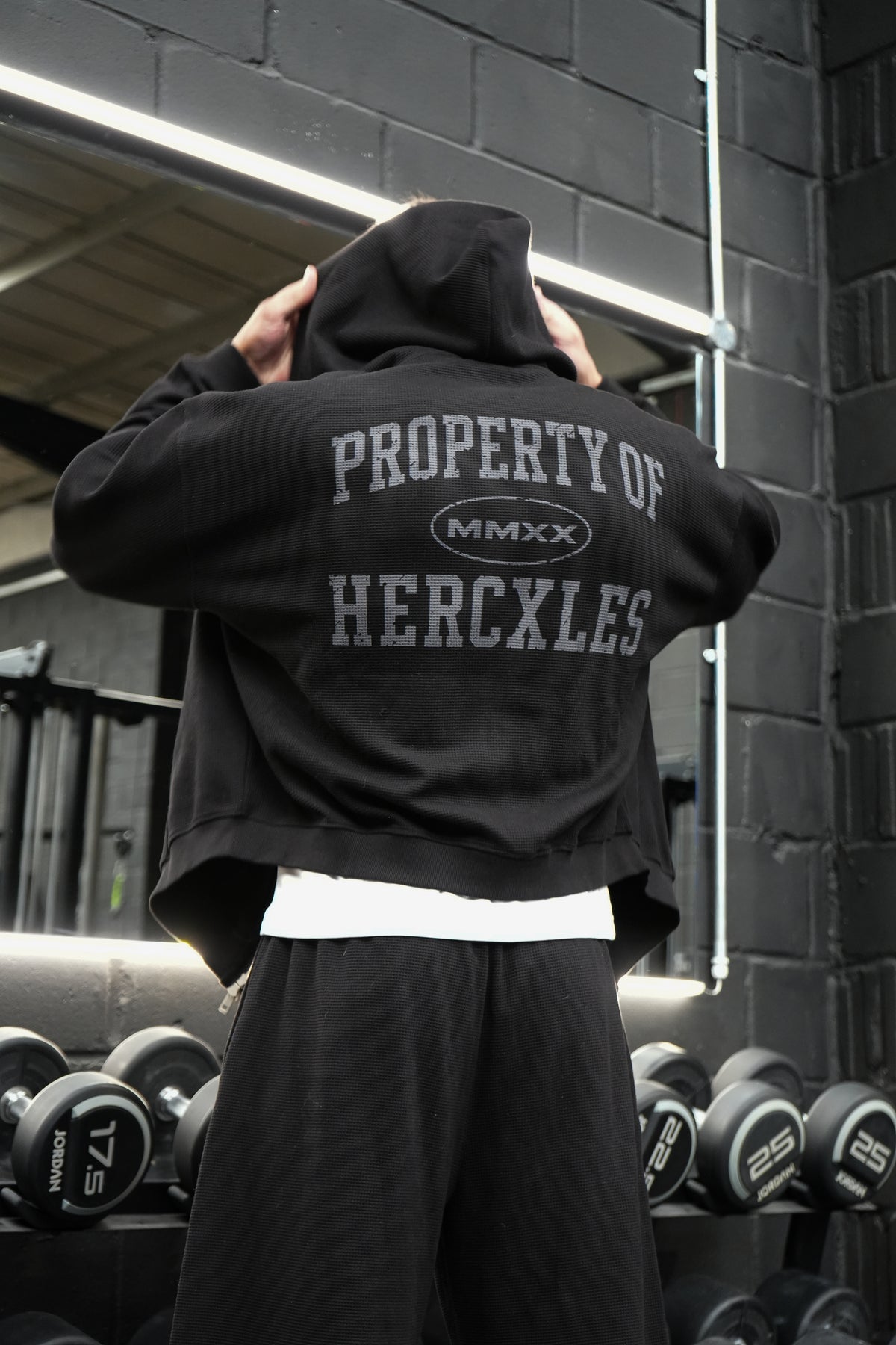 HERCXLES Property Of Waffle Boxy Zip Hoodie - Black back artwork model detail