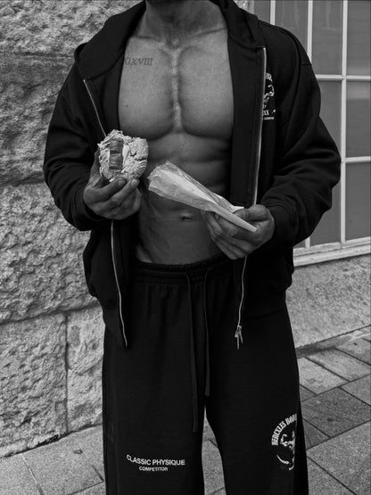 Worldwide Competitor Zip Hoodie - Black / White model open zip hoodie and joggers detail (p5)