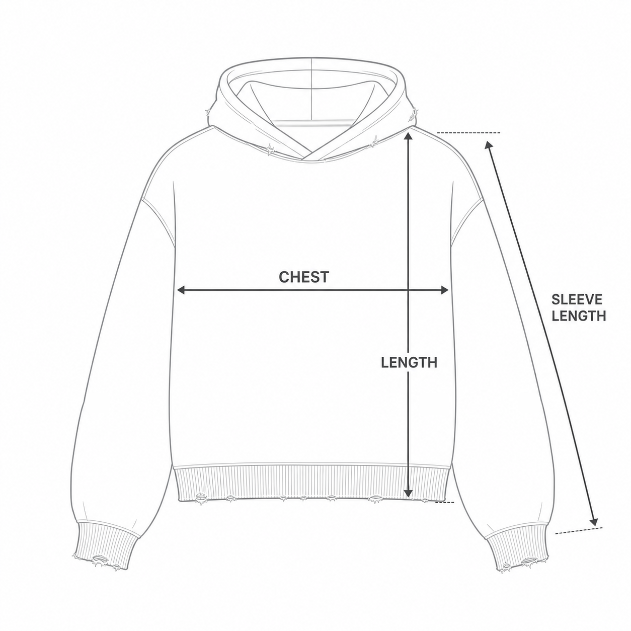 Distressed hoodie chest, length, and sleeve length measurement guide
