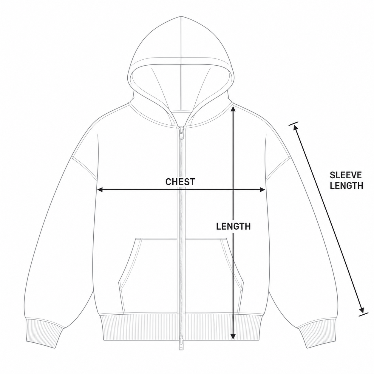 Zip hoodie chest, length, and sleeve length measurement guide