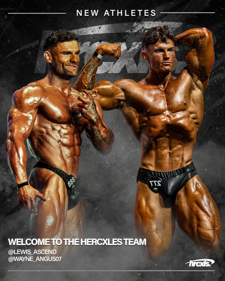 New HERCXLES athletes graphic featuring bodybuilders Lewis Ascend and Wayne Angus on stage